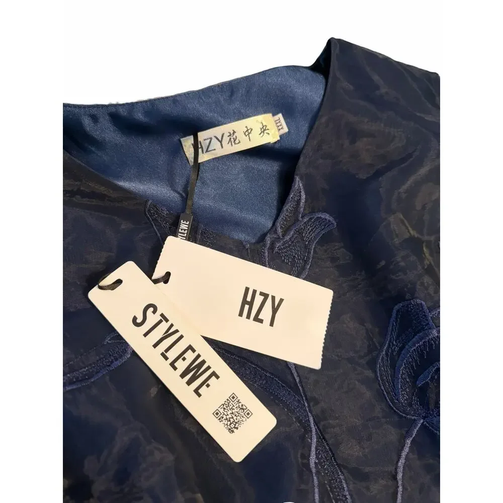 STYLEWE HZY Navy Blue Organza with Emroidered Floral Detail Dress